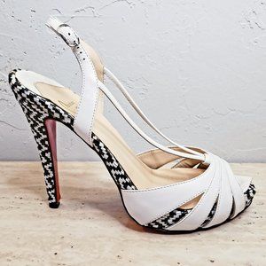 CHRISTIAN LOUBOUTIN Woven White & Black Leather Heels Sandals Size 8 / 38.5